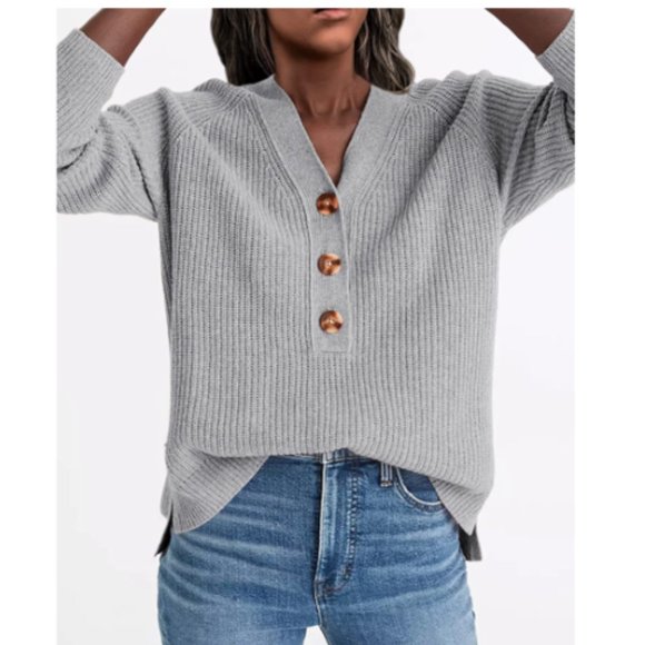 Gray Long Sleeve V-Neck Oversized Ribbed Knit Cozy Relaxed Fit Sweater XL - Picture 2 of 10